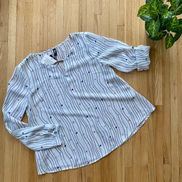 MWT Jade Ladder Front White Navy Stripe Print Convertible Sleeves Blouse Size S - Picture 9 of 9